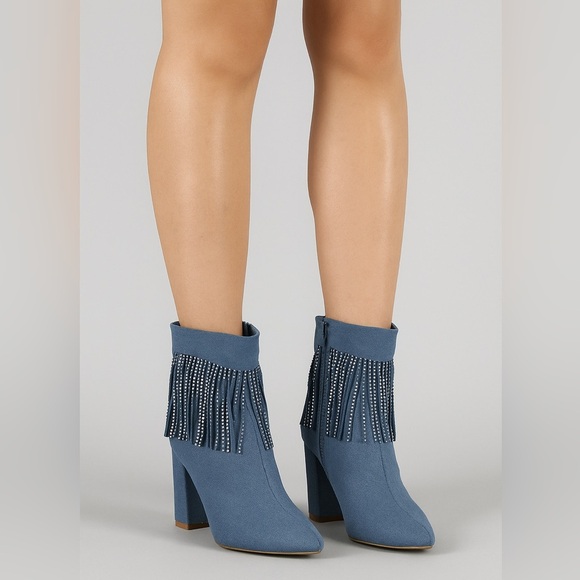 2260- Top Moda Alias-28 Blue Denim Fringe Ankle Boots Size 6.5 NWT - Picture 1 of 9